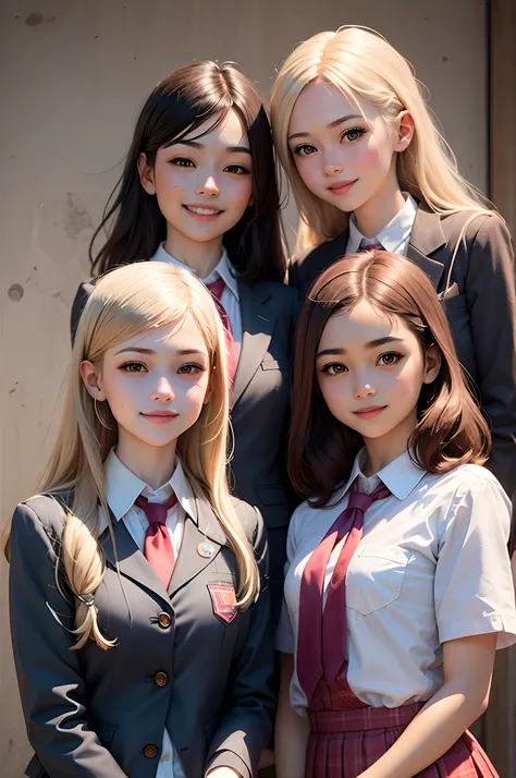 4girls, Look at viewer, Wearing school uniforms, Cutes smile , Soft background, dynamic lighting, high detailed,