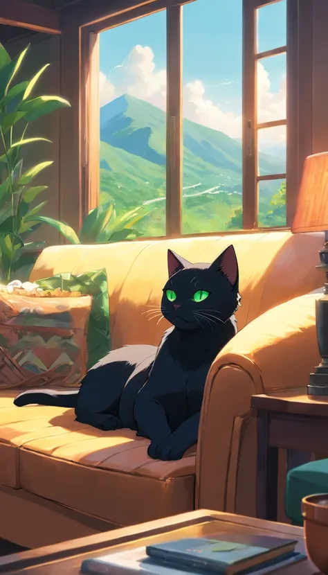 Idyllic masterpiece of a sleek black cat with vivid green eyes lounging on a sofa overlooking a lush mountainous landscape. Its inky fur blends into the leather furniture, fluffy tail curled around its relaxed body. Eyes half-closed in contentment as a war...