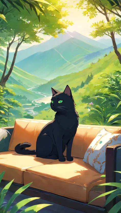 Idyllic masterpiece of a sleek black cat with vivid green eyes lounging on a sofa overlooking a lush mountainous landscape. Its inky fur blends into the leather furniture, fluffy tail curled around its relaxed body. Eyes half-closed in contentment as a war...