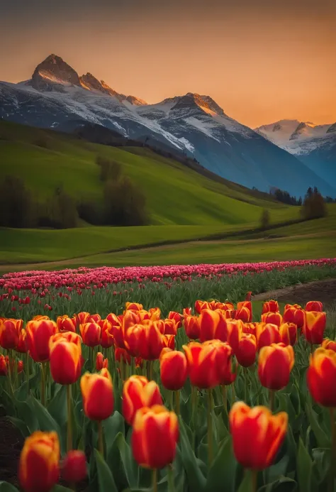 A small number of tulip flowers in the foreground，Medium green meadow，The vista is alpine, the blue sky is white, and goes，Natural light at noon，masterpiece，8K，