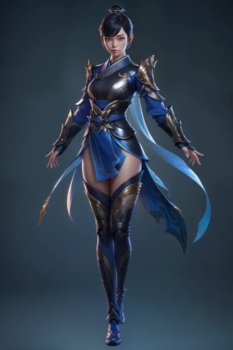 solo, super fine photo, full body digital art Unreal Engine 5 8K UHD of a girl, concept art, character concept design, wearing blue kimono with Japanese details with black tight bodysuit with metallic armor details, arms armor, Japanese short hair, best qu...