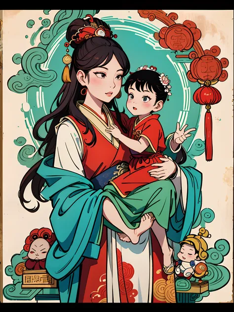 a drawing of a beautiful woman holding a child in her arms, guanyin, guanyin of the southern seas, the baby wore a red royal rob...