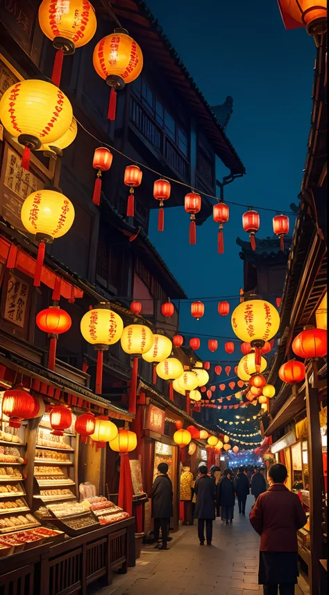 Ancient Market, Vibrant lanterns,, Traditional Chinese architecture, Beautifully decorated stalls, A wide range of products, Moonlit Night, No one went out on the streets，Festive atmosphere, Nostalgic appeal, Aromatic food stalls, Flashing candles, Amazing...