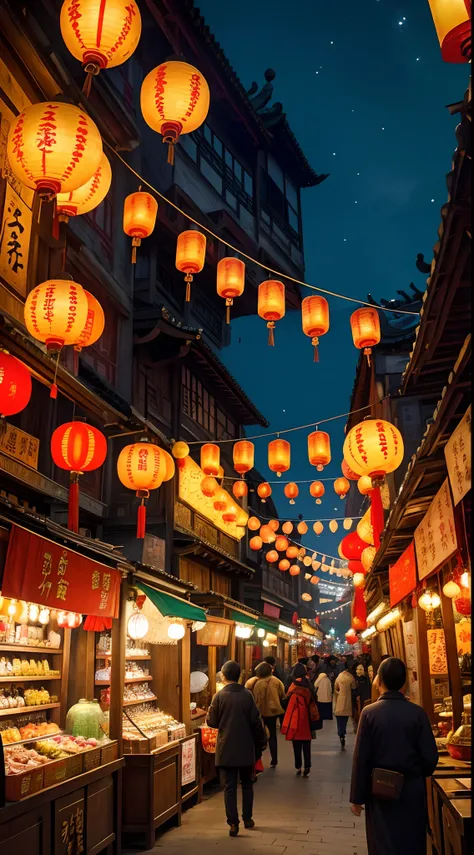 Ancient Market, Vibrant lanterns,, Traditional Chinese architecture, Beautifully decorated stalls, A wide range of products, Moonlit Night, No one went out on the streets，Festive atmosphere, Nostalgic appeal, Aromatic food stalls, Flashing candles, Amazing...