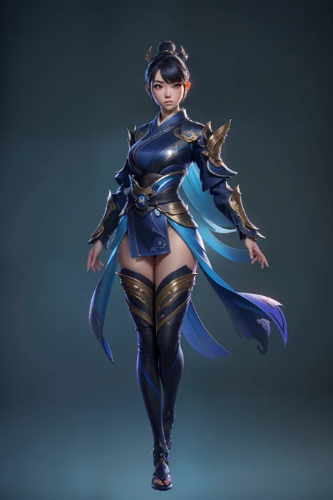 solo, super fine photo, full body digital art Unreal Engine 5 8K UHD of a girl, concept art, character concept design, wearing blue kimono with Japanese details with black tight bodysuit with metallic armor details, arms armor, Japanese short hair, best qu...