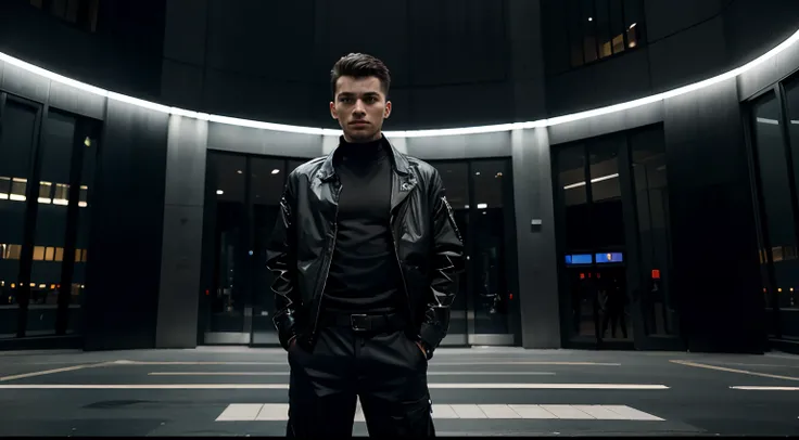 A boy wearing a black jacket, black pants and a black pant he lift on his hands a futuristic building. The building is tall and sleek with a metallic finish, reflecting the lights from the city. The scene is set during night. The lighting is dramatic, acce...