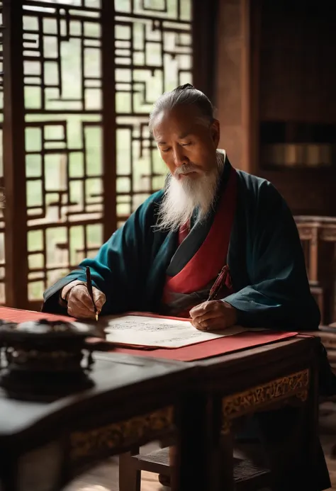 An old calligrapher sits in the study, focused, holding a brush in his right hand, and on the table is a simple pen, ink, paper, ink, ink, Chinese style