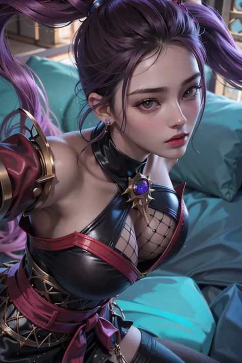 Irelia from League of Legends, KDA Irelia ((Realistic light, Best quality, 8k, Masterpiece :1.3)), Selfie, 1girl, Pretty woman with perfect figure :1.4, abs :1.1, (Light Purpel hair, Huge breasts :1.5), arabic dress :1.2, Bed, Ultra-detailed face, Detailed...