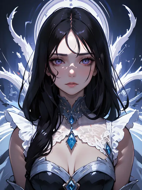 ((masterpiece, best quality)), (1girl), (solo), (female focus), (dark hair, long hair), purple eyes, arms behind back, sad eyes, cold facial expression, cold look, gothic dress, pale skin, colour grading, dark illustration, extreme quality, radiant, extrem...