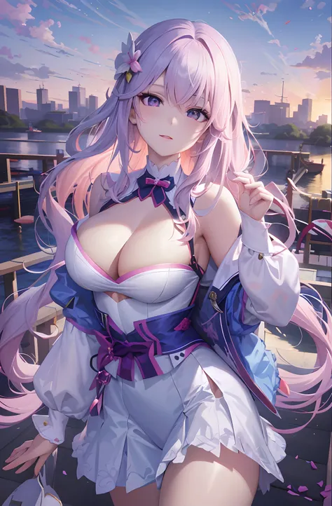 Anime girl posing on dock with pink hair and white dress, seductive anime girls, Best anime 4k konachan wallpaper, Detailed digital anime art, azur lane style, A scene from the《azur lane》videogame, Detailed anime artwork, sakimichan frank franzzeta, high d...