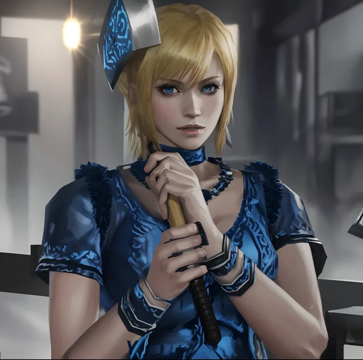 there is a woman in a blue dress holding a axe, blonde hair, as a character in tekken, glamorous jill valentine, video game cutscene, kusanagi, yayoi kasuma, natalie from epic battle fantasy, she is holding a axe, inspired by Leiko Ikemura,