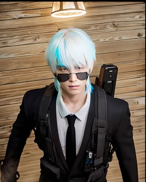 1man, Police set black, Mullet blue light color hair, realistic, ultra detail, 70mm lens,