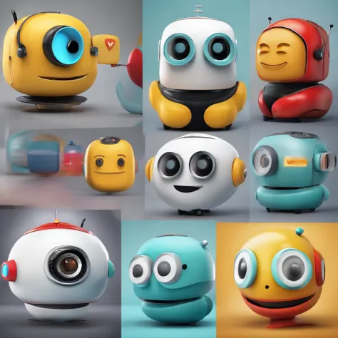 Create a 3D icon of a cheerful and approachable chatbot companion. The chatbot should have a rounded body with smooth edges, giving a sense of friendliness and modernity. It should have expressive eyes and a simple mouth that can convey different emotions ...