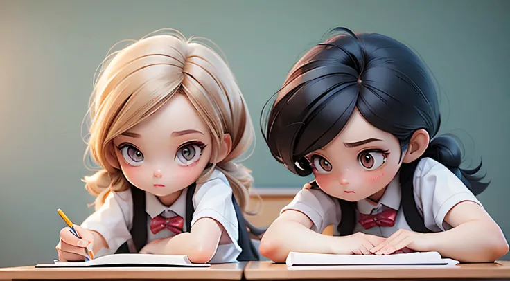 two cute young girls of same age in school uniform doing homework in classroom, hair properly tied up, daytime, 3D pixar style, daytime