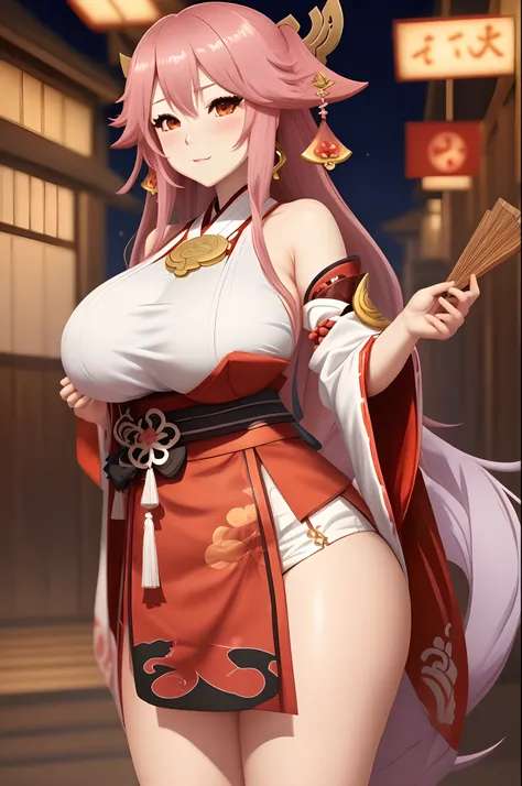 Yae miko from genshin impact with fat body and large breast in anime style