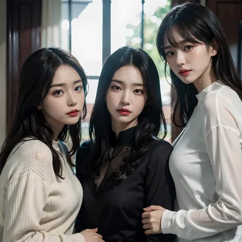 Three beauties in one photo, The shirt has long sleeves and is extremely delicate and beautiful, Masterpiece, Best quality, 超高分辨率, 16k, Hyperrealistic, Ultra-detailed, The very detailed CG footage is perfect, Three women, in her 20s