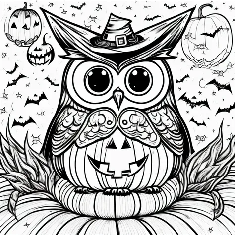 (halloween owl sitting on a pumpkin, owl wizard), colr_001, intricate, cute, simple, white background, black and white, thin lin...