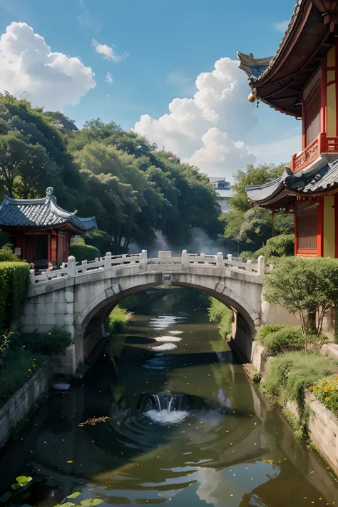 2D graphic illustration，Chinese-style illustration，Vector illustration，panoramic lens，Hui-style architecture::5，Small bridges and flowing water，with blue sky and white clouds，rich colours，Ultra-high detail optimization,4k，There is a red building，There is a...