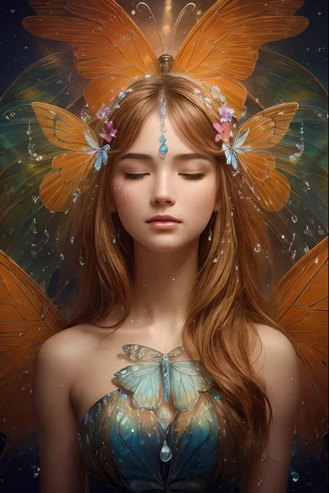 closed eyes, high quality, highly detailed, 8k ultra hd, butterfly made of water spray, in this enchanting artwork, the very ess...