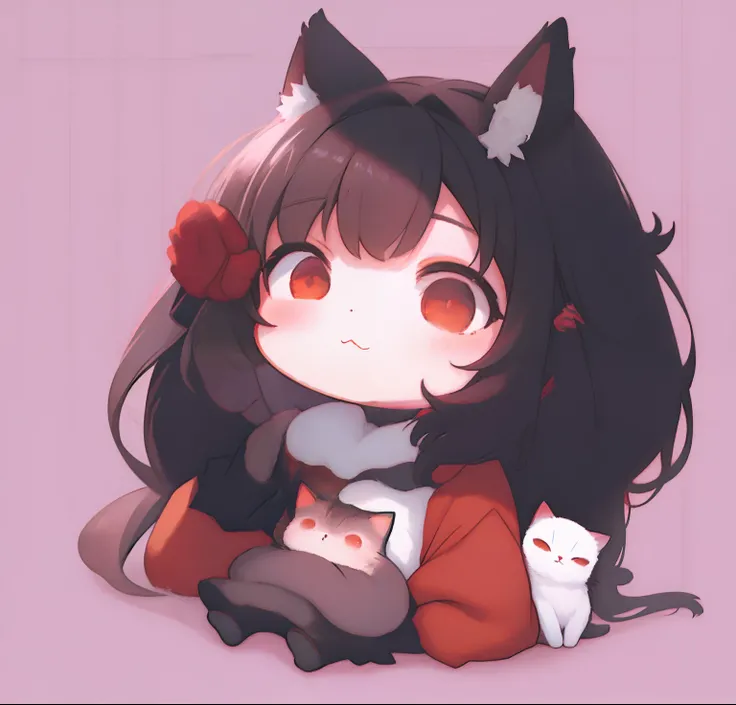 anime girl with a sexy red ayes and fluffy black hair with a cat in her lap, cute anime catgirl, anime girl with cat ears, cute!! chibi!!! catgirl, anime catgirl, beautiful anime catgirl, cute anime, very beautiful anime cat girl, anime moe artstyle, very ...