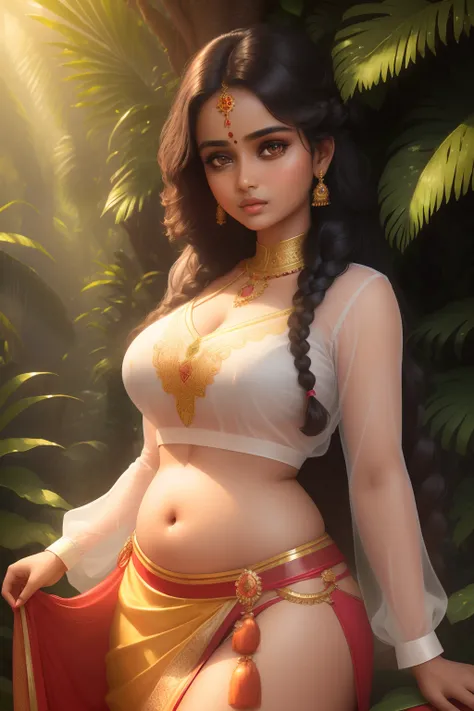 Beautiful young indian woman, wearing sexy blouse and skirt, portrait, teen age, showing the back bidy, detailed face, cute, big eyes, iconic, photorealistic, tropical forest, big chest, big belly, braid hair, symmetric face, masterpiece, 8k, ultra realist...