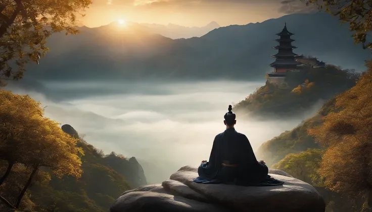 Close-up of a young Chinese Taoist leader sitting on a rock,Long, Whtie hair，lbeard，Meditation cross-legged，Taoism, wearing long black robe，magical aura，Taoist master,Taoist，Not centered，facing at camera，Very bright colors, Light particles, There is bright...