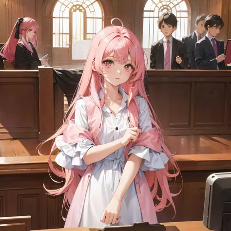 A young girl in beautiful clothes，Long pink hair hanging loosely，Struggling to stand in the jury seat，The picture shows the scene of the court trial。