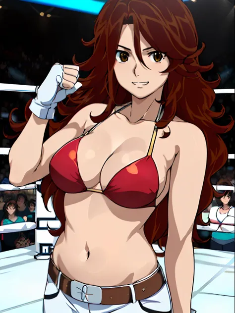 Best Quality, hires, curvy midsection, solo, 1 girl, strong woman, female wrestler, smile, happy), (detailed titration screen, upper body only, anime style: 1.8, anime drawing, ultra detailed face, ultra detailed body, 4k, Sumergai Lee Noriega, (standing),...