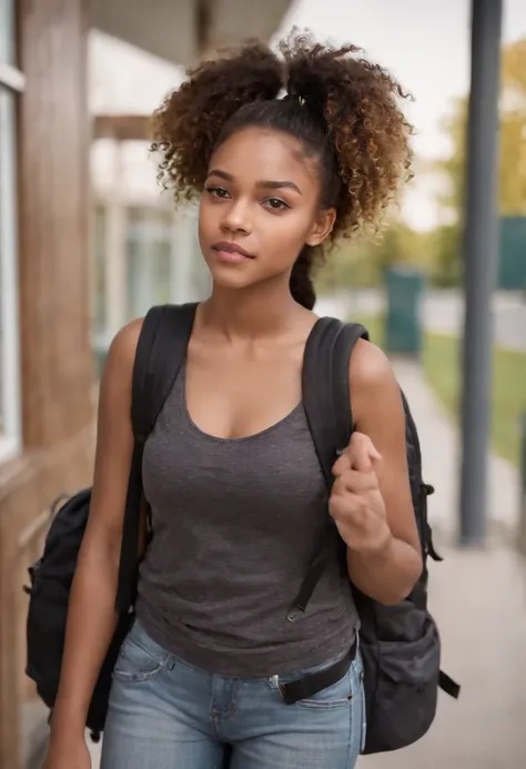 Pretty black teenage girl with curly brown hair with blonde highlights in high ponytail with edges with hazel eyes wearing ruffle top with skinny jeans holding backpack at school , highly detailed realistic