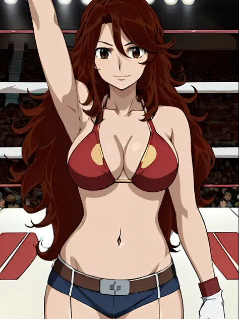 Best Quality, hires, curvy midsection, solo, 1 girl, strong woman, female wrestler, smile, happy), (detailed titration screen, upper body only, anime style: 1.8, anime drawing, ultra detailed face, ultra detailed body, 4k, Sumergai Lee Noriega, (standing),...