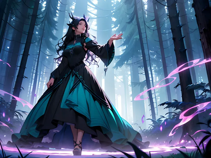 Girl with blue-black hair, violet eyes, light skin, Little, a neat nose, plump pink lips, long wavy hair. Standing in the Magic Forest. Her trusty dress flows over her, that covers her body. Nymph Dress. Black Dress. slightly . Shes conjuring. Her magic is...