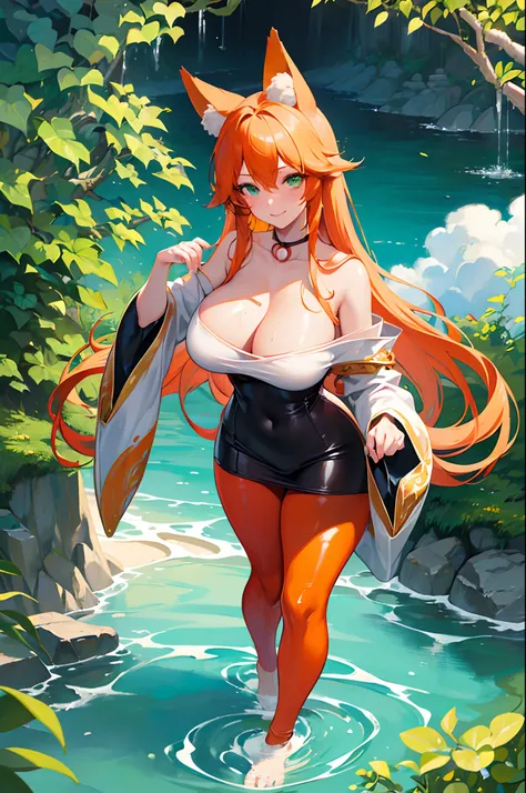 (Masterpiece, best quality, beautiful eyes, highly detailed, high res, anime), 1 girl, fox ears, fox tail, orange hair, green eyes, massive breasts, massive cleavage, Japanese priestess, Japanese dress, barefoot, seductive smile, water, temple, sexy, matur...