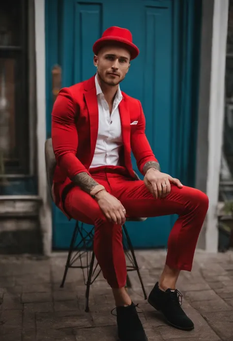 arafed man in red underwear sitting on a chair with a red hat, his legs spread apart, all red, twink, 30 year old man :: athletic, wearing red shorts, dylan cole, david kostic, jock, athletic tall handsome guys, in red velvet stockings, hairy legs, his arm...