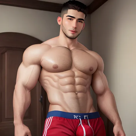 Muscle Latino realistic cute happy trail pecs bulge