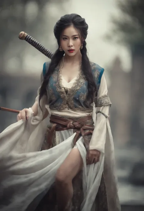 Masterpiece, Best, Night, full moon, 1 female, Mature woman, Chinese style, Ancient China, Sister, Royal Sister, Cold face, Expressionless, Silver white long haired woman, Light pink lips, calm, Intellectual, Three bangs, Grey Eyes, assassins, Long sword, ...