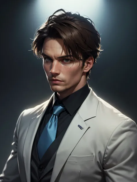 (Sam Heughan), (((one man))), ((social clothes)), ((wearing a formal shirt and blue tie with a black vest over it)), ((absurdres)), (masterpiece 1.3), (Sylas from League of Legends), (incredibly detailed), (highres:1.1), (high detailed skin:1.4), (high qua...