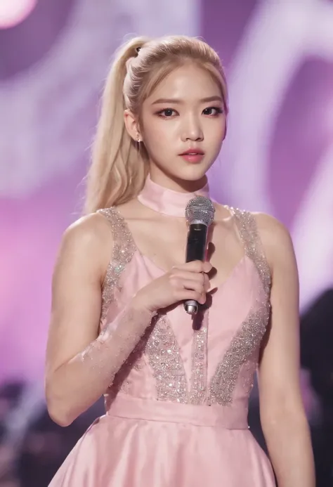 blackpink member Rosé with blonde hair  in slick low ponytail wearing pink dress with rhinestones and buttons on stage holding a microphone , highly detailed realistic