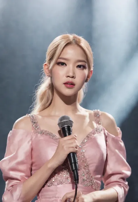 blackpink member Rosé with blonde hair  in slick low ponytail wearing pink dress with rhinestones and buttons on stage holding a microphone , highly detailed realistic