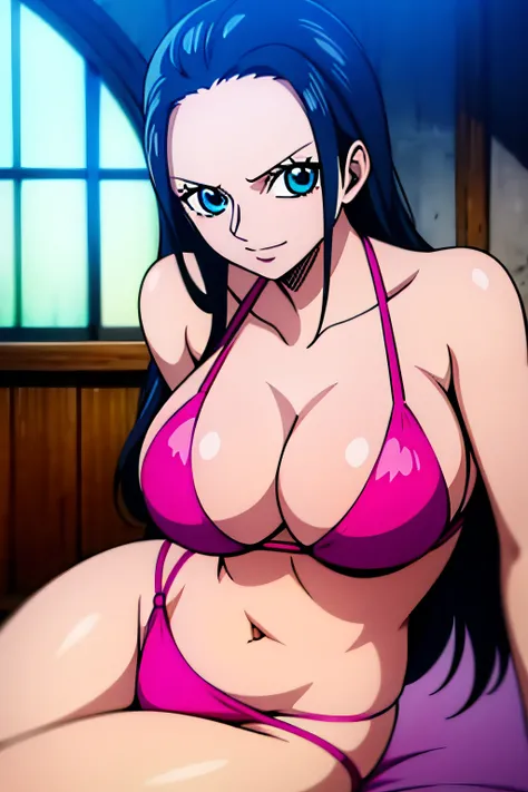 Robin de One Piece, pose sexy, Y si , Elly, Sari rojo, 8k, anime, ribera, teta grande, grande, Se ve sexy perfecta calidad ojos ojos azules, bikini rosa, pink bikini, bed, house, night, blue eyes,