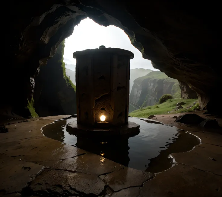 Table lamp in the shape of a cave，At the top, seeping rainwater collects on the ground，Only a little light at the bottom illuminates the silence