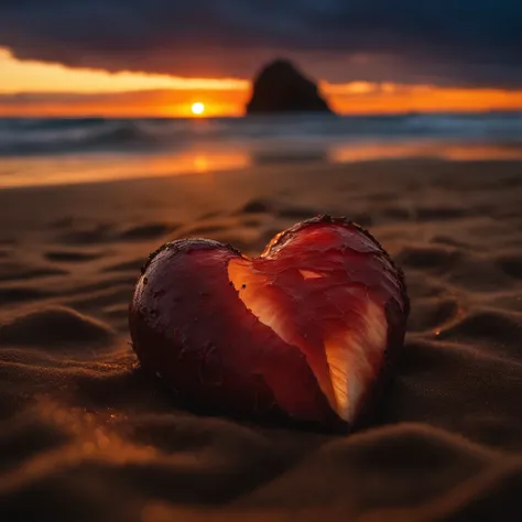 dead heart on beach, broken heart, rotting flesh, poison apple, decaying love, stormy sunset, lighting photorealistic, highly detailed, angry waves