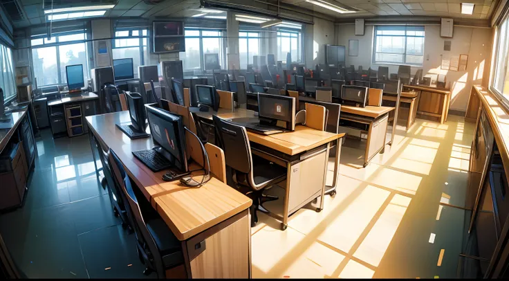 Computer room, computer class, digital class, computer on table, large room, school, wide angle, day time, no one