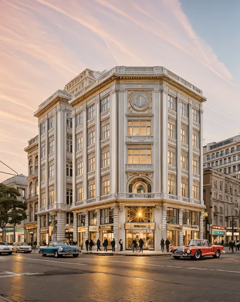 ((Best quality)), ((masterpiece)), ((realistic)), ((extremely complicated)), RAW photo, (classic street corner building, classic style), Produce an exceptional and hyperrealistic image that showcases a classic street corner building, exemplifying the timel...