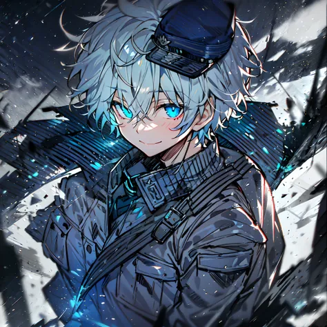 hight resolution,Anime boy with white hair and blue eyes staring at camera, Glowing blue eyes,slim, in black military uniform,Shadow Body,de pele branca,monochromes,hair messy,Bad smile,Diagonal angle、