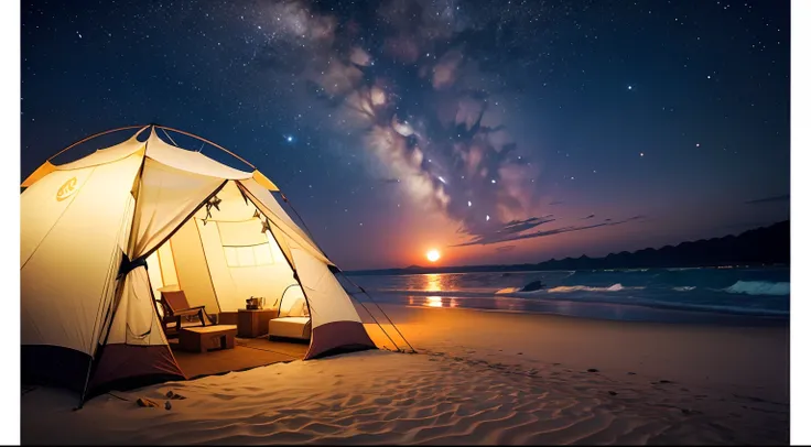 high-definition photograph、Beachfront campgrounds、Beautiful sandy beach、The crescent moon is beautiful、A tent、An unburned campfire、Grill、deck chair、starrysky、Quiet place、beautful view、Lantern light、No one was there。