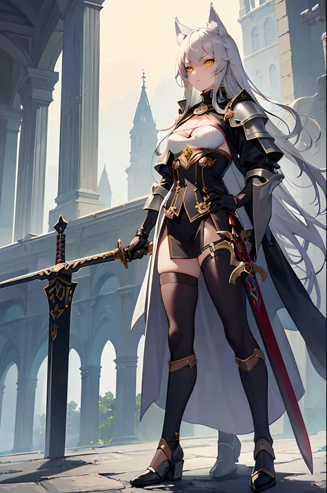 (Masterpiece, best quality, beautiful eyes, highly detailed, high res, anime), 1 girl, wolf ears, wolf tail, yellow eyes, grey hair, Inquisitor, knight, faith, full body, sword, small breasts, cleavage, angry, prideful, sexy, mature woman,