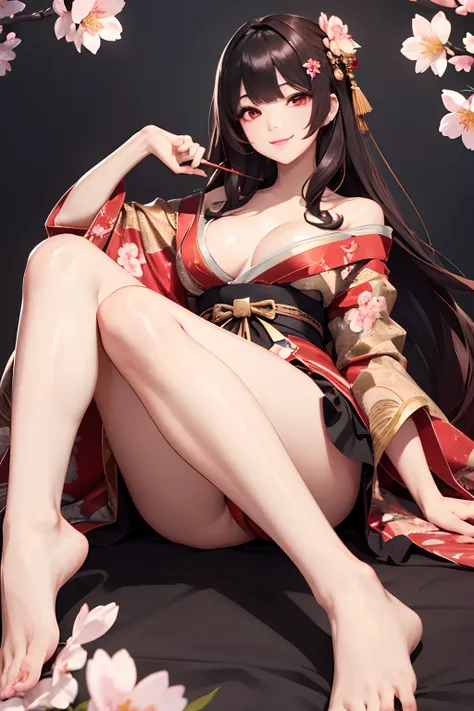 Best Quality, hight resolution, 1girl in, 8k.red eyes、A dark-haired、Gold hair ornament、Luxurious kimono with cherry blossom pattern、Detailed hand depiction、Angle looking up from below、Inappropriate smile、Seductive face、Crystal clear luster、Bare legged、Show...