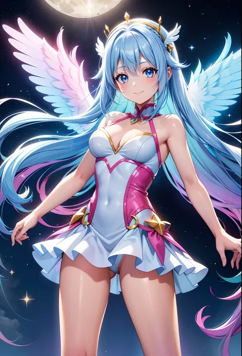 Super Idol　a beauty girl　A charming smile　sky blue hair　length hair　Twin-tailed　Glittery bright pink and white and blue and yellow leotards　facing front　7 colors of angel great wings on the back　Mystical　Fantasia　constellation　a moon　Crystal Brilliance　Aur...