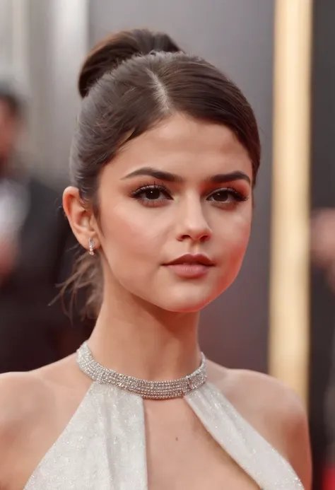 Selena Gomez with slick low ponytail with swoop in the front wearing white mini dress with open back and sliver chain on top of dress with sliver heels with yellow nails posing on red carpet, highly detailed