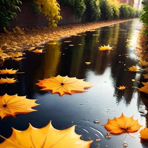 Mimosa golden leaves on puddles